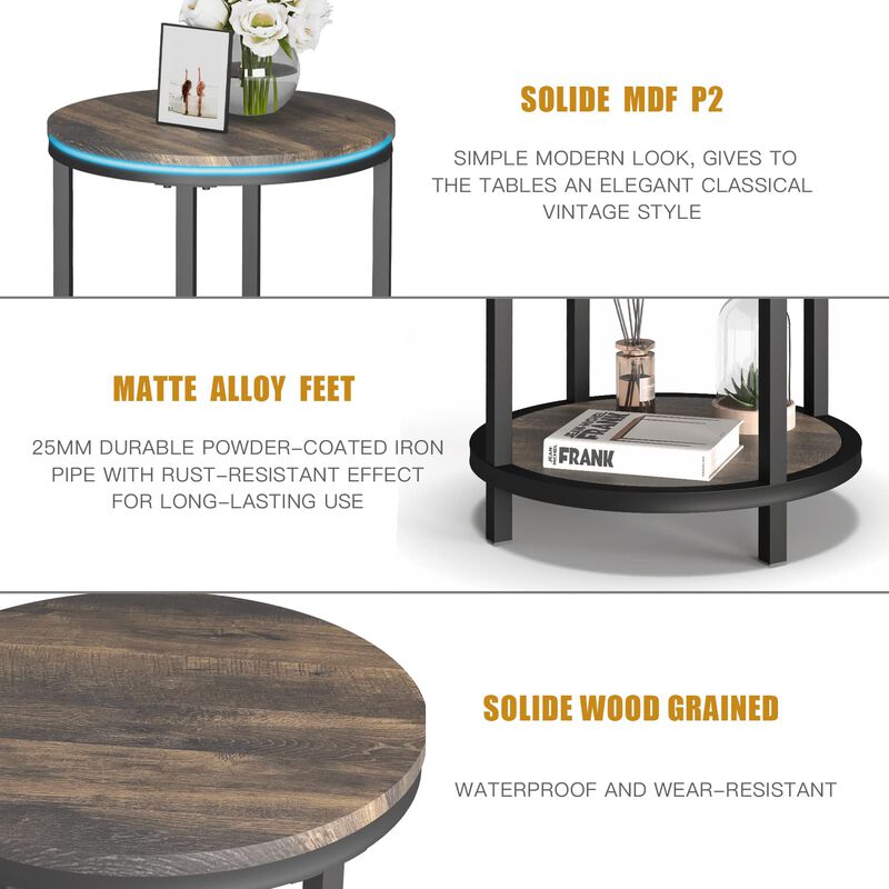NSdirect Round Side Table Set of 2,16in Rustic Wooden End Table Surface Top & Sturdy Metal Legs Nightstand for Living Room Bedro