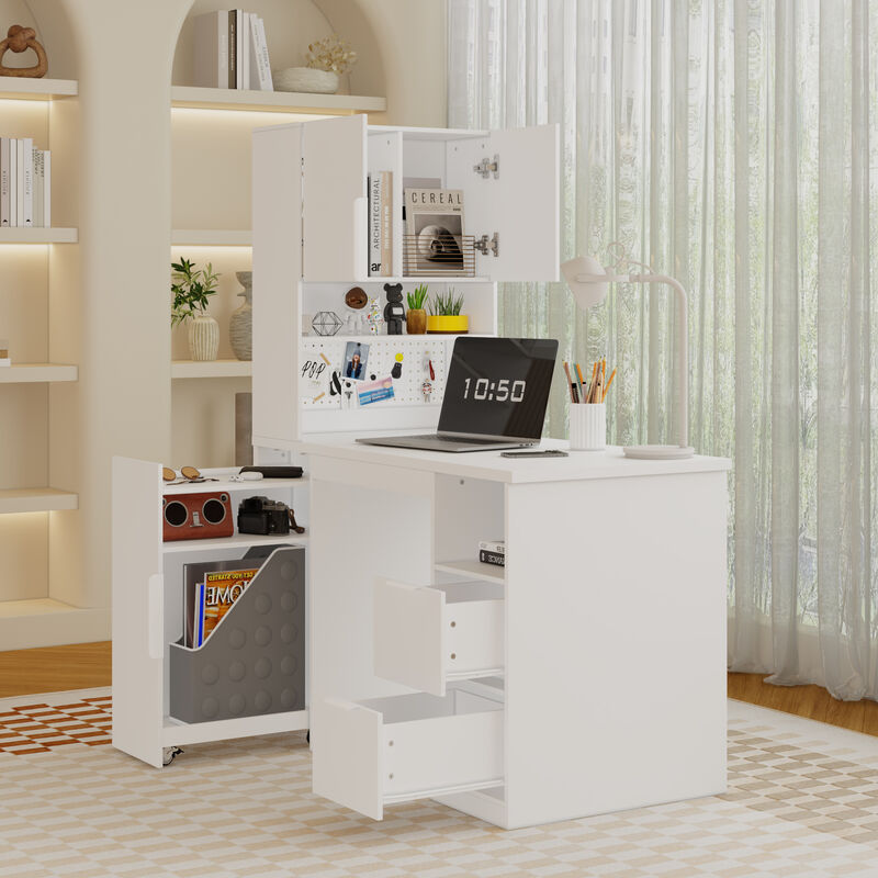 FUFU&GAGA White Study Desk & Storage Cabinet with Sliding Door, Open Shelves & Pegboard, E1 Particle Board, Metal Handles (47.3 in. W x 23.7 in. D x 61.4 in. H)