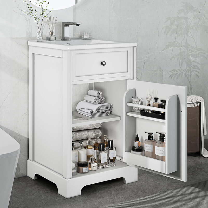 Whisen Minimalist Bathroom Vanity with Sink, Bathroom Cabinet with Soft Closing Door, Storage Rack and Adjustable Shelf - White