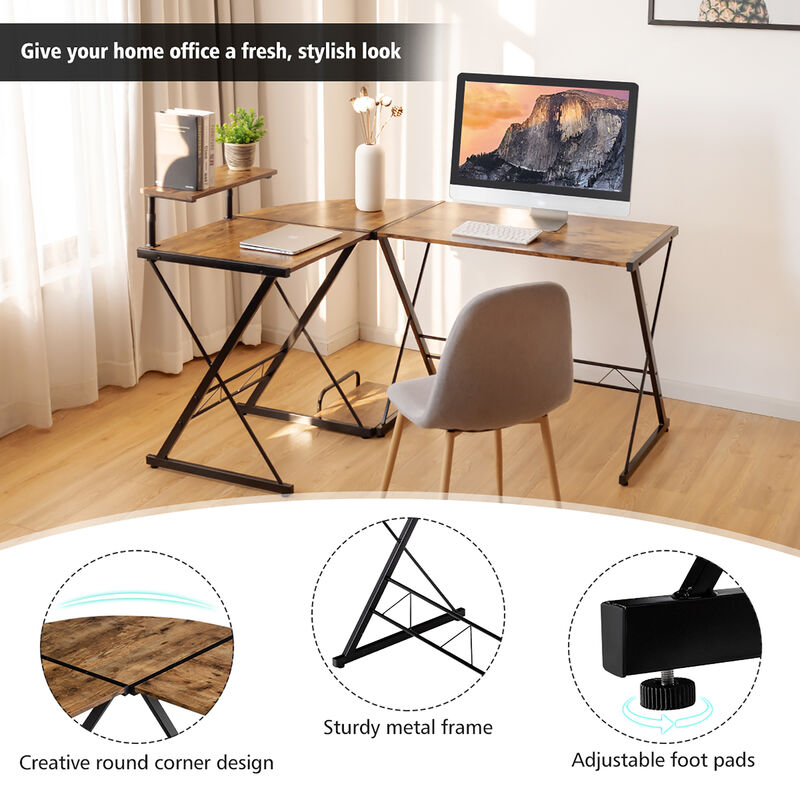 Costway 58'' x 44'' L-Shaped Computer Gaming Desk w/ Monitor Stand & Host Tray Home Office Antique