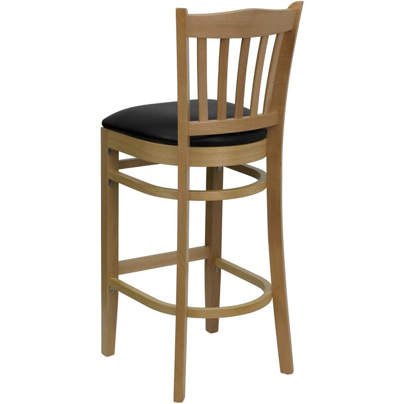Flash Furniture HERCULES Series Vertical Slat Back Natural Wood Restaurant Barstool - Black Vinyl Seat