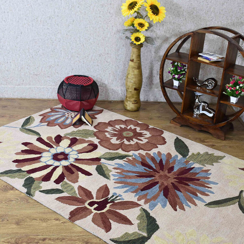 RUGSOTIC CARPETS HAND TUFTED WOOL ECO-FRIENDLY AREA RUGS  - 5'x8', Rectangle Shape, Cream, Floral Modern Design, High Pile Thick Handmade Anti Skid Area Rugs for Living Room, Bed Room (K03059)
