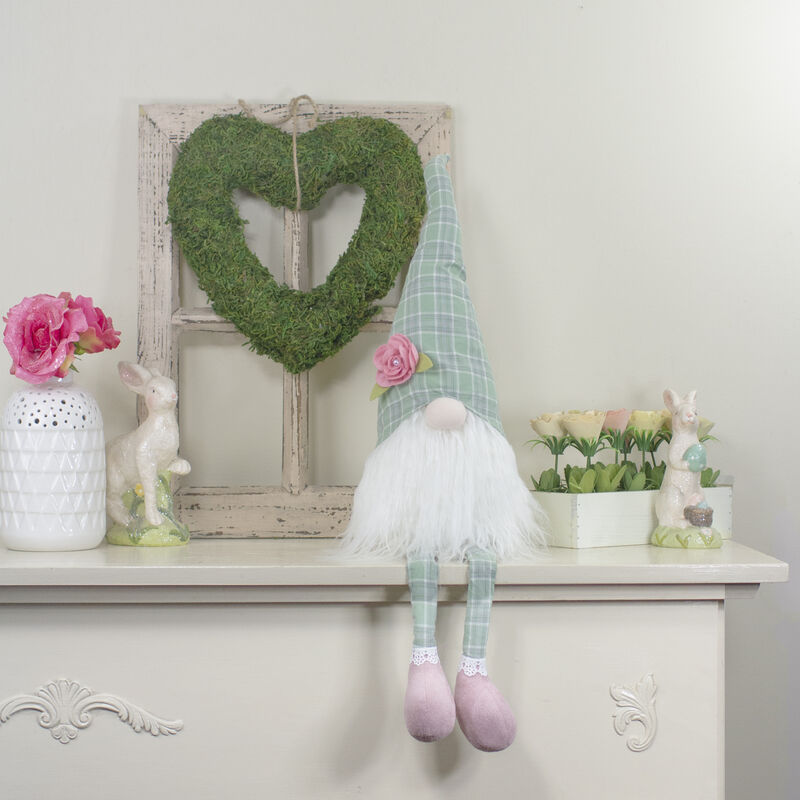 28" Green and White Plaid Spring Gnome Table Top Figure with Dangling Legs