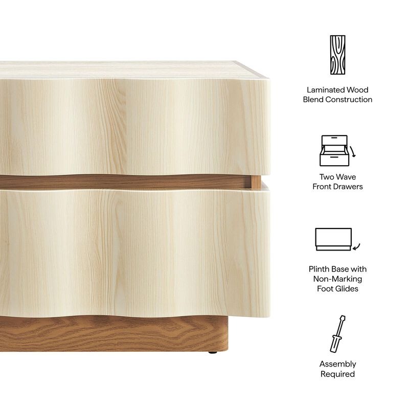 Modway Isola 22 Inch Wood Nightstand in White Light Oak - Accent Side End Table with 2 Wave Front Drawers for Bedroom or Living Room Storage image number 3