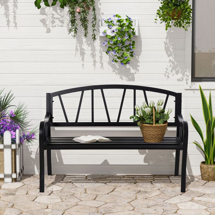 Metal Garden Bench 2-Seater Garden Bench Solid Metal Loveseat Outdoor Furniture For Patio Chair W/ Decorative Backrest & Ergonomic Armrest