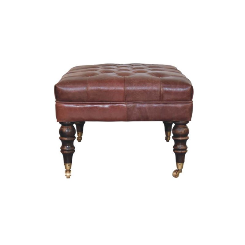Artisan Furniture Solid Wood Leather Ottoman with Castor Legs
