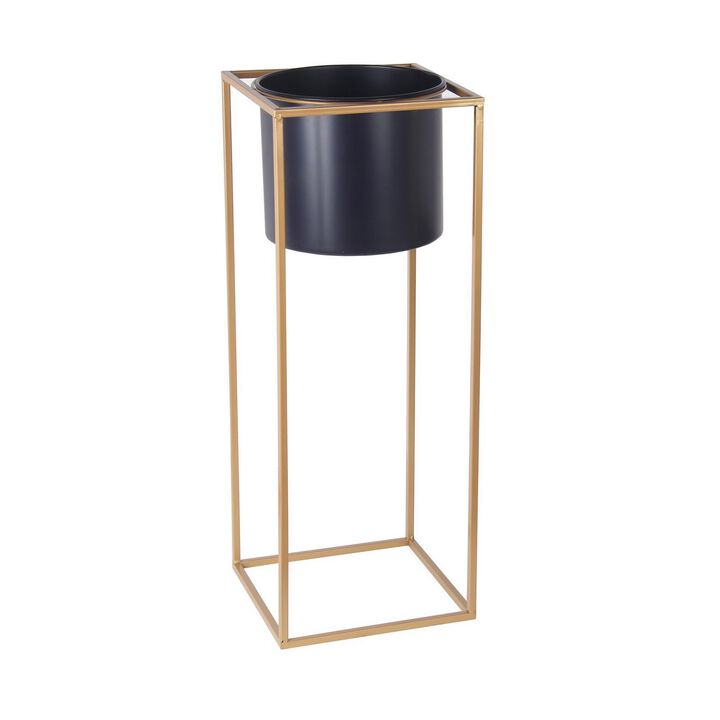 Metal Round Planter with Square Base, Set of 2, Gold and Gray-Benzara