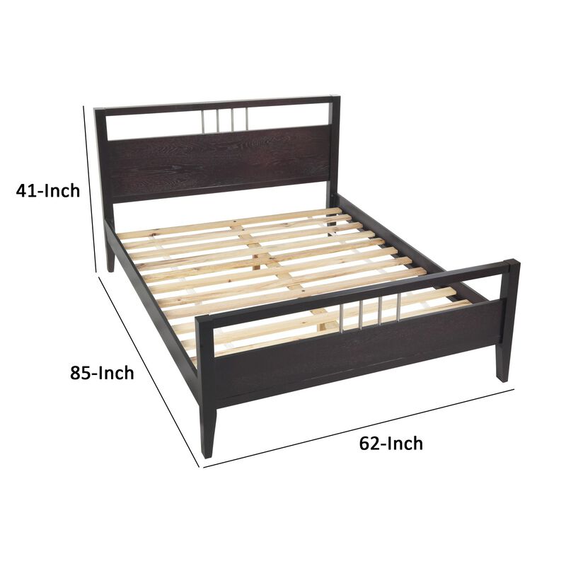 Fang Modern Queen Size Bed, Sleigh Headboard, Metal Bars, Espresso Brown  - Benzara