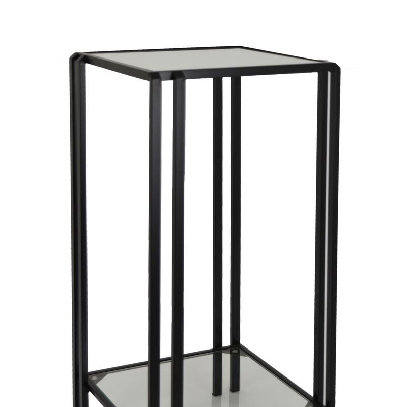 Buckley Plant Stand Table, Black Metal, Square Mirrored Top, 28 Inch - Benzara