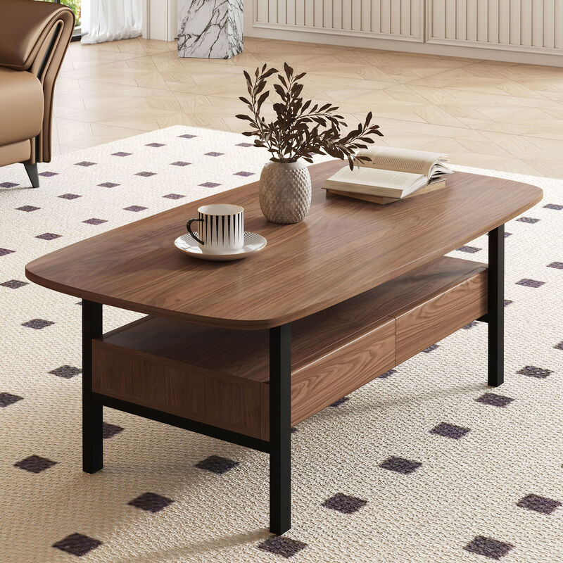 Wooden Coffee Table with 2 Drawers & Open Shelve 47.2" Walnut