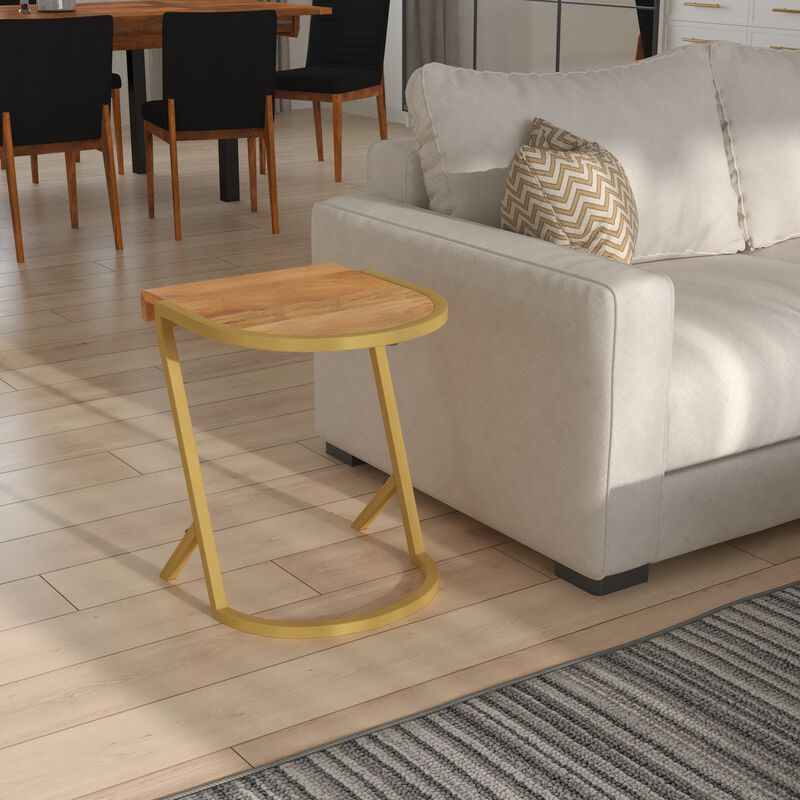 17 Inch Side End C Table, Natural Mango Wood Top with Drop Edge, Iron Gold Angled Frame