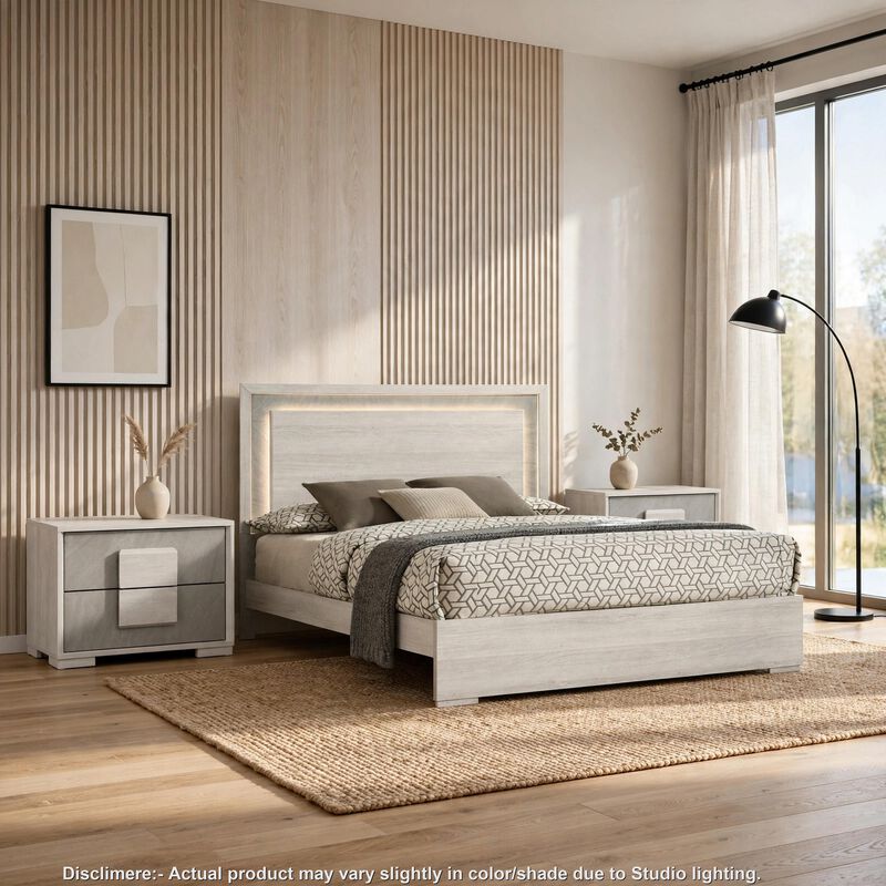 3pc King Bedroom Set, White Wash, Stone Gray, 2 Nightstands image number 1