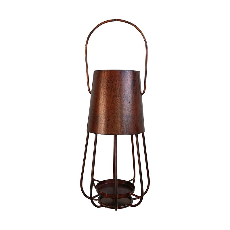 Ambient 12 Inch Vintage Style Iron Candle Stand Lantern, Sleek Curved Handle, Rustic Bronze-Benzara