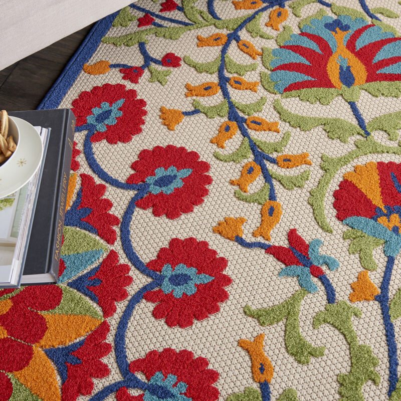 HomeRoots 5' X 8' Navy Blue Beige Green Blue And Red Floral Indoor Outdoor Area Rug image number 4