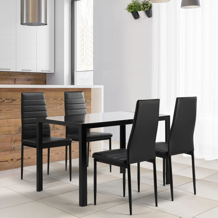 5 Pieces Dining Table Set, Kitchen Room Tempered Glass Dining Table, 4 Faux Leather Chairs
