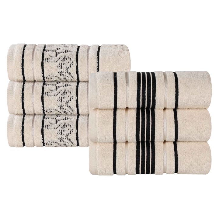 6 Piece Zero Twist Cotton Hand Towel Set, Solid and Floral Patterns