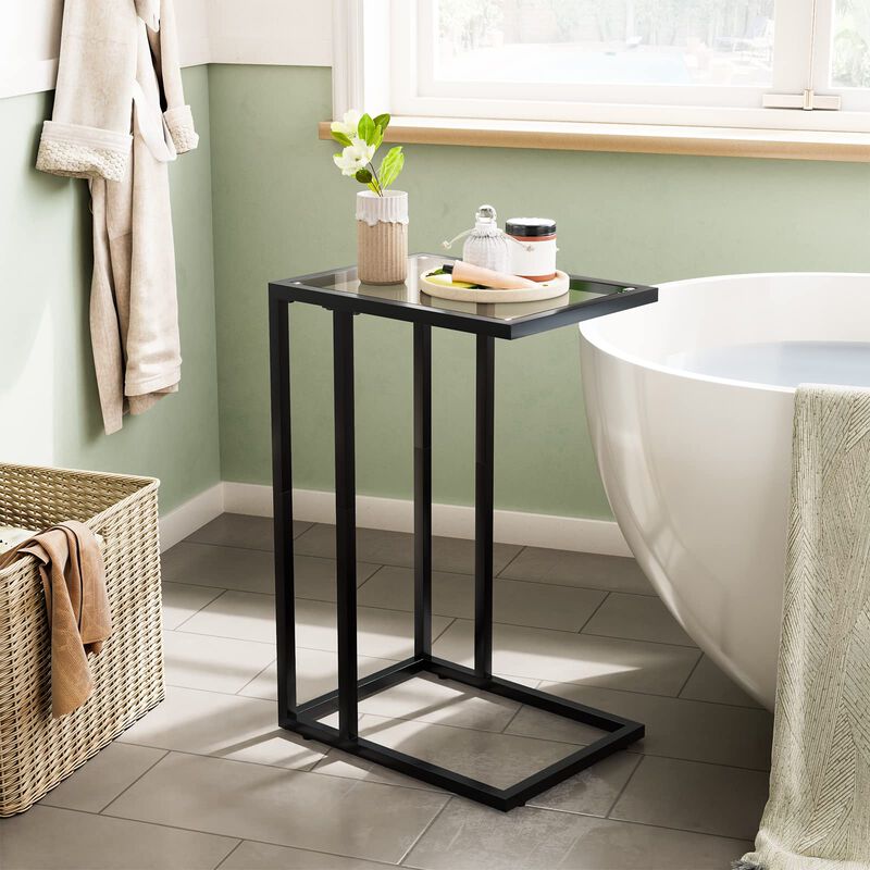 HOOBRO C Shaped End Table, Tempered Glass Snack Side Table with Metal Frame, TV Tray Table for Small Space, Sofa Couch and Bed,