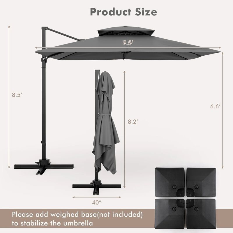 Mondawe 9.5 Feet Cantilever Patio Umbrella with 360&deg; Rotation and Double Top