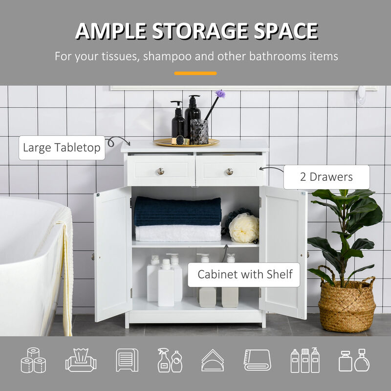 Modern Bathroom Storage Cabinet, Freestanding Floor Organizer w/ 2 Drawers White