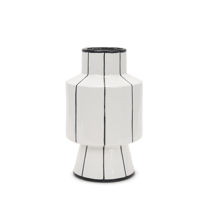 HomeRoots 13" White And Black Striped Ceramic Cylinder Table Vase