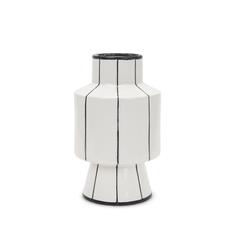 HomeRoots 13" White And Black Striped Ceramic Cylinder Table Vase image number 0