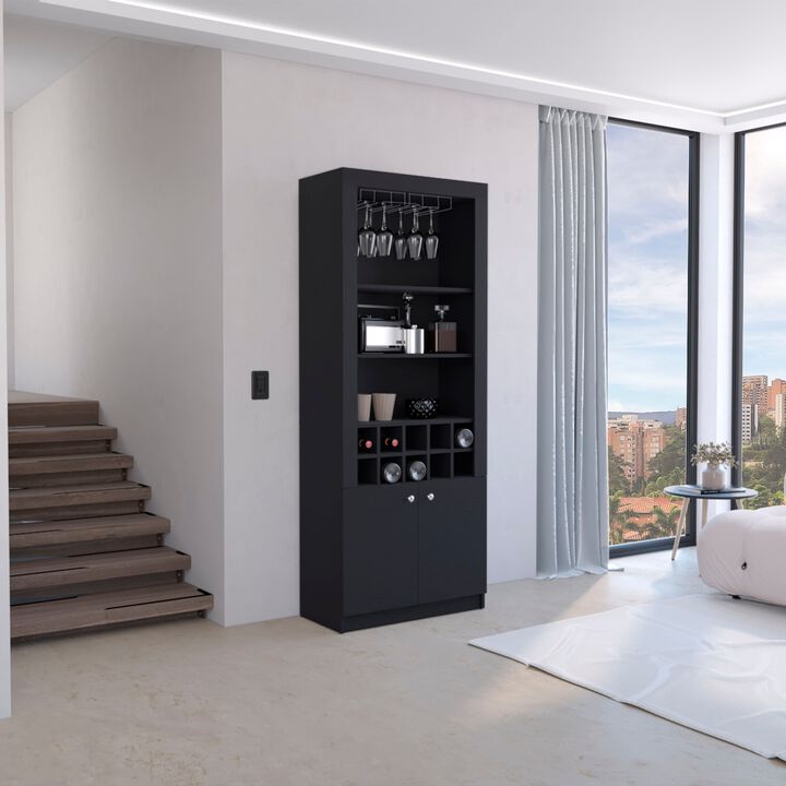 Nero Cabinet 4-Tier, Glass Holder Stemware Rack, Wine Cabinet, Liquor Cabinet, 10 Bottle Cubbies, 4 Shelves, Black , Living Room