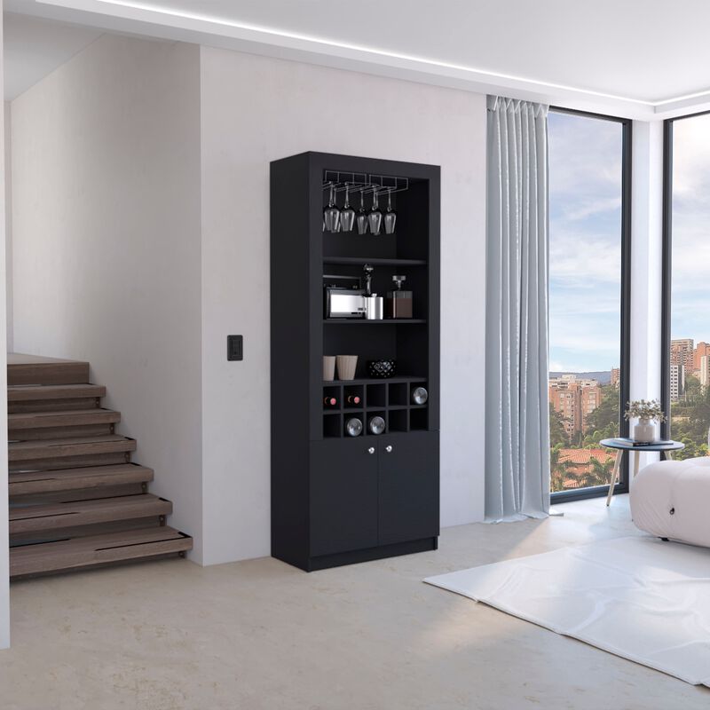 Nero Cabinet 4-Tier, Glass Holder Stemware Rack, Wine Cabinet, Liquor Cabinet, 10 Bottle Cubbies, 4 Shelves, Black , Living Room