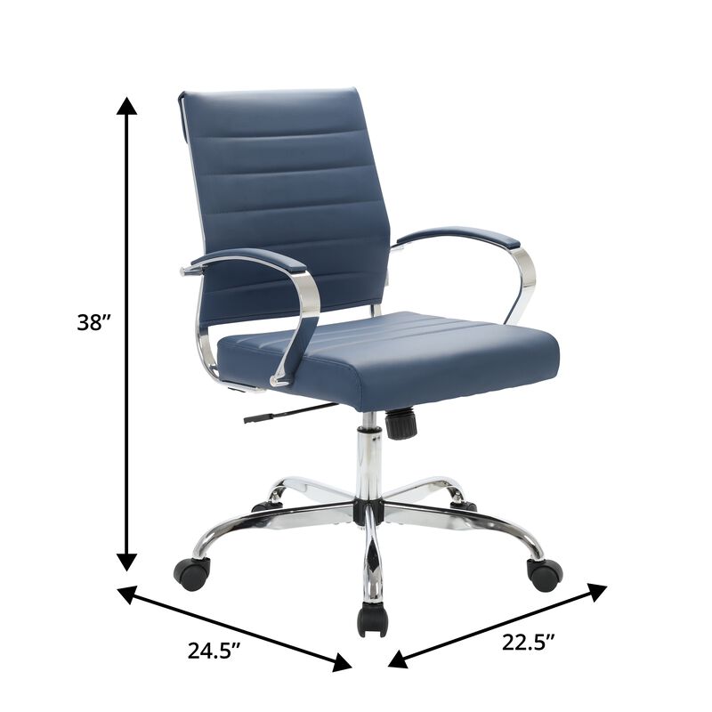 LeisureMod Benmar Mid-Back Office Chair, Leather Upholstery with Swivel, Tilt, and Chrome Base, Modern Desk Seating for Home Office or Conference Room