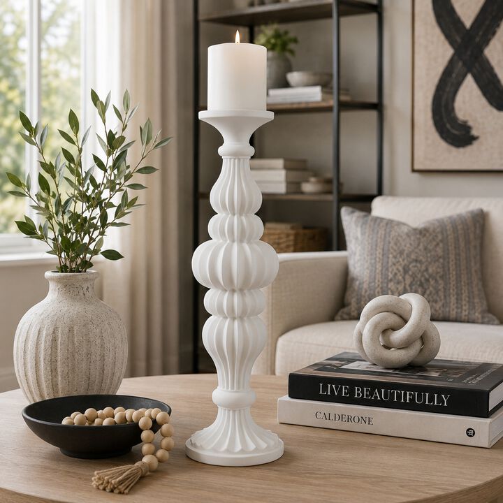 Tabletop D&eacute;cor Candle Holder, Fluted Turned Baluster, White Resin, 18 Inch