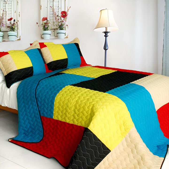 3 Piece Patchwork Quilted Quilt Set Queen Size Lightweight Soft Bedspread Set