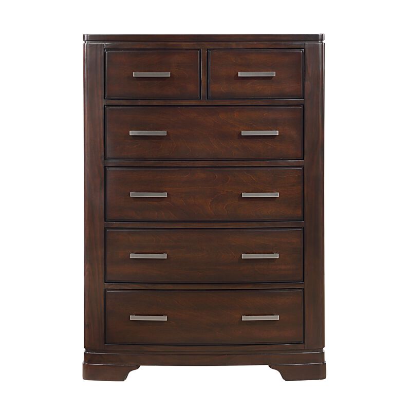 Hudy Tall Dresser Chest with 6 Drawers, Cherry Brown Birch Veneer - Benzara
