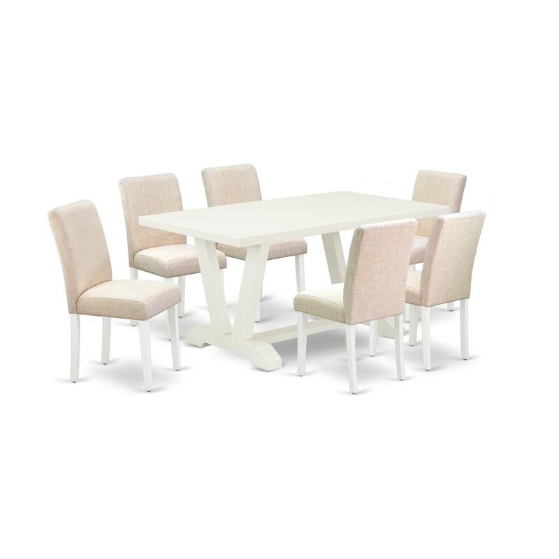 East West Furniture V026AB202-7 7-Pc Dining Room Table Set - 6 Parson Chairs and 1 Modern Rectangular Linen White Wooden Dining Table with High Chair Back - Linen White Finish