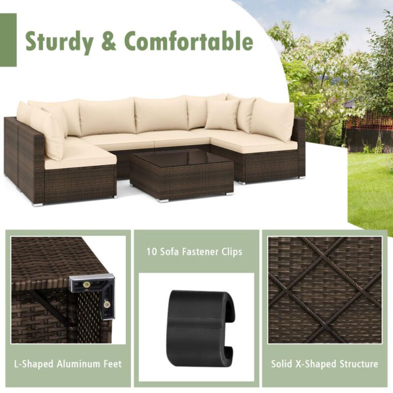 Hivvago 7 Pieces Patio Rattan Furniture Set with Sectional Sofa Cushions
