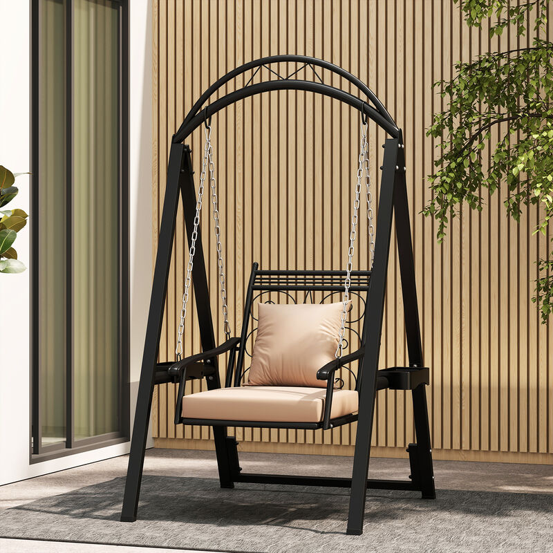 Outdoor Garden Porch Swing with Removable Cushions and Built-In Side Tables-Black image number 4