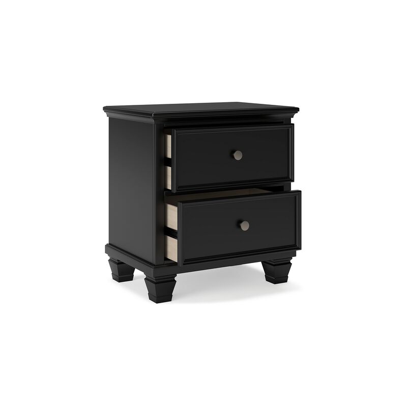 Lemo Nightstand, 2 Wide Drawers, Nickel Round Knobs, Black Solid Wood - Benzara