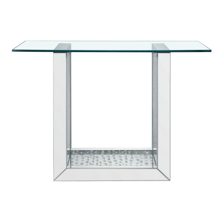 46 Inches Glass Top Console Table with Mirrored Sled Base, Silver-Benzara