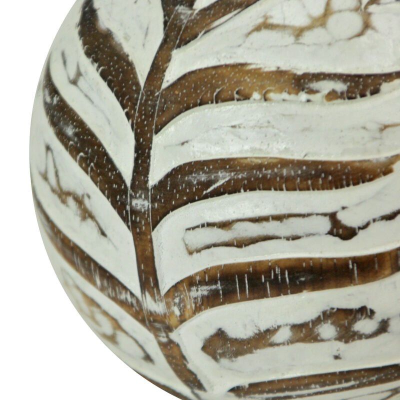 Set of 3 Whitewashed Carved Tropical Leaf Solid Wood Decor Balls image number 2