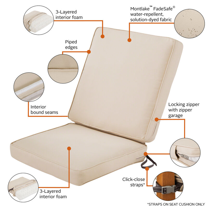 Classic Accessories FadeSafe Chair, Antique Beige, 44" L x 20�W T Montlake Quilted Patio Cushion, 20" W x 20" D x 3" x20"W x 24" H x 3"