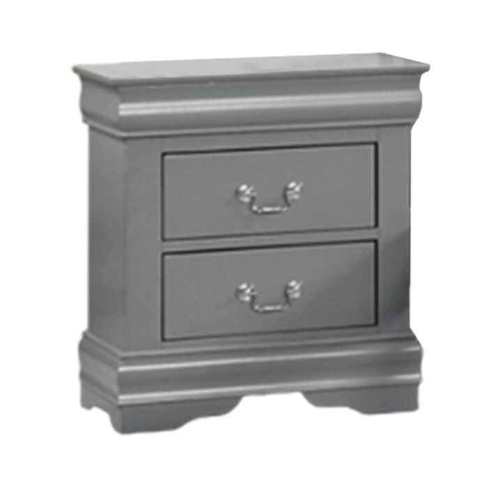 Ryla Nightstand, 2 Drawers, Light Gray Solid Wood, Nickel Drop Handles - Benzara