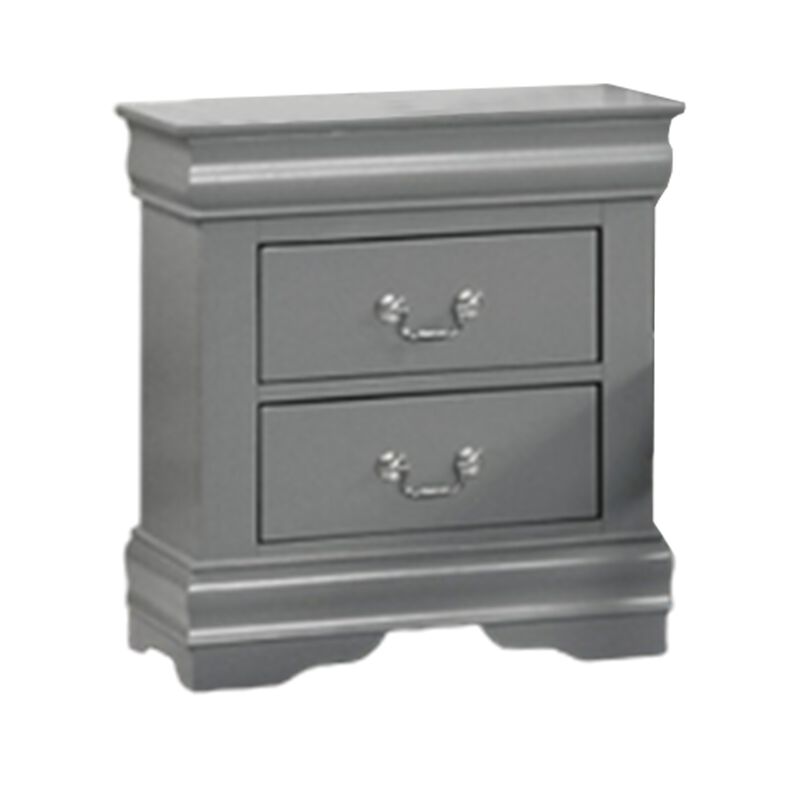 Ryla Nightstand, 2 Drawers, Light Gray Solid Wood, Nickel Drop Handles - Benzara