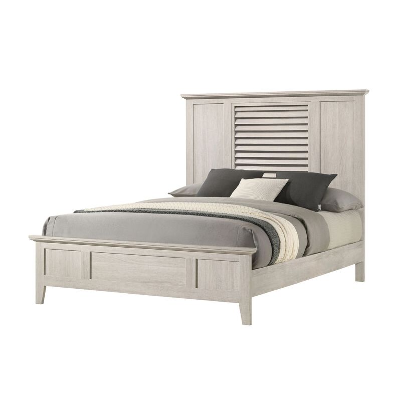 Sary King Size Bed w Tall Louvered Headboard, Tapered Front Legs, Off White