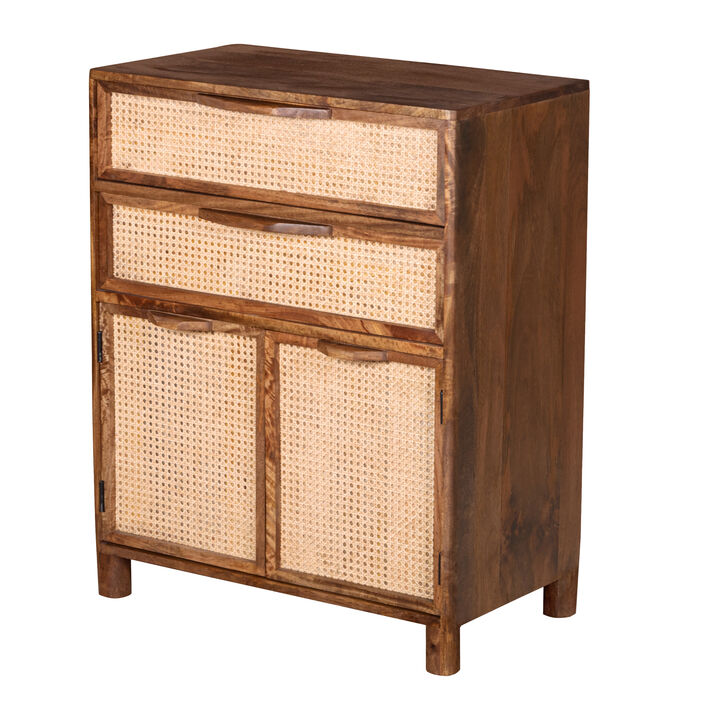 Mia 35 Inch Tall Dresser Chest, Woven Rattan Cabinet Doors and Drawer Fronts, Handcrafted Natural Mango Wood - Benzara
