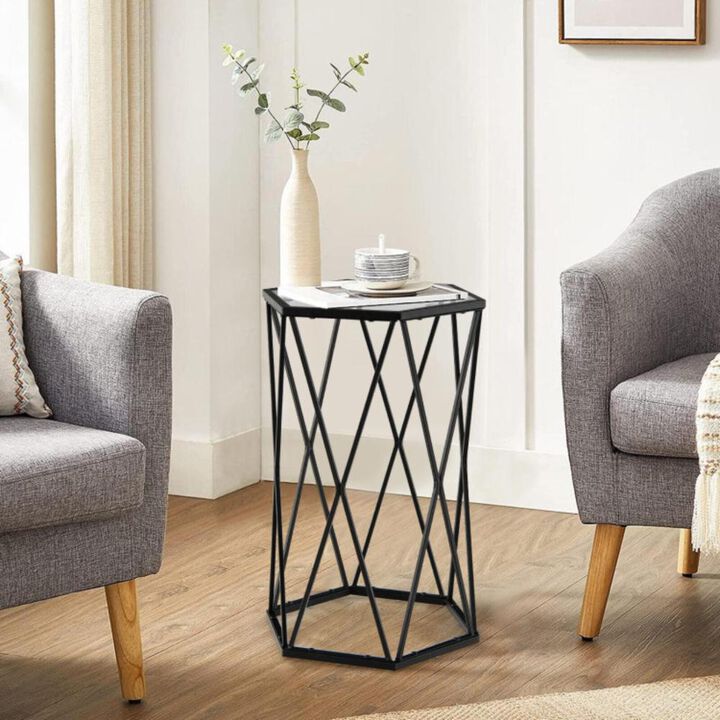 Hivvago Hexagonal Accent End Table with Tempered Glass Top and Metal Frame