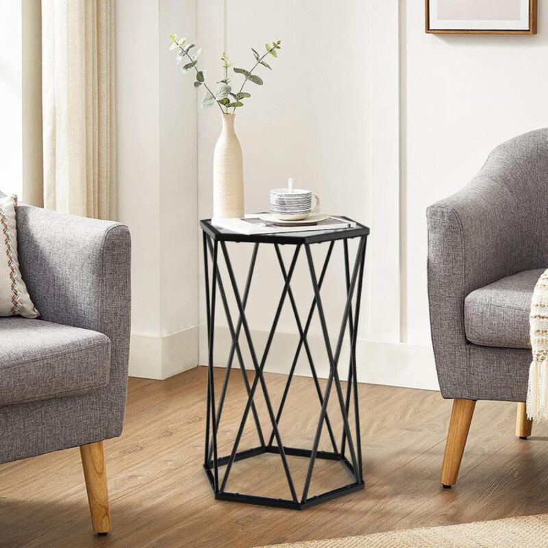 Hivvago Hexagonal Accent End Table with Tempered Glass Top and Metal Frame