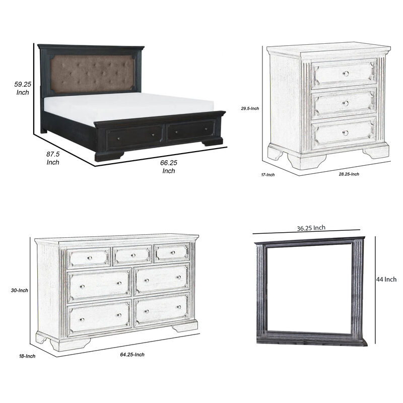 Aly Four Pc Queen Bedroom Set, Brown Polyester Upholstery, Storage Footboard, Gray - Benzara