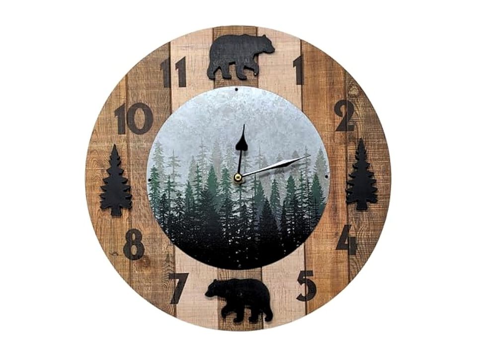 Wooden Black Bear Rustic Charm Wildlife Wall Clock 15 Inch Silent Wood