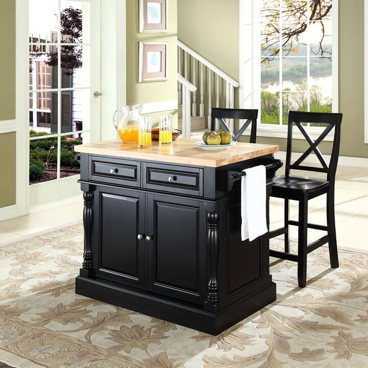 Oxford Kitchen Island W/X-Back Stools Black - Kitchen Island, 2 Counter Height Bar Stools