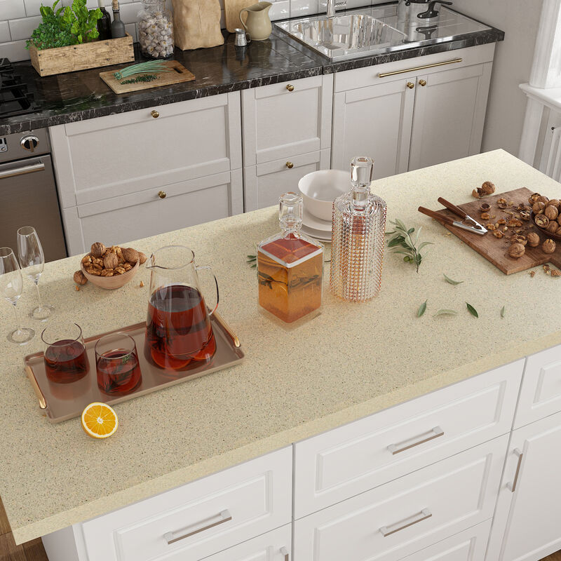 FUFU&GAGA White Paint Finish Kitchen Island with 5 Drawers 2 Doors Adjustable Shelves Silver Handles 66.9''L × 31.4''W × 37''H