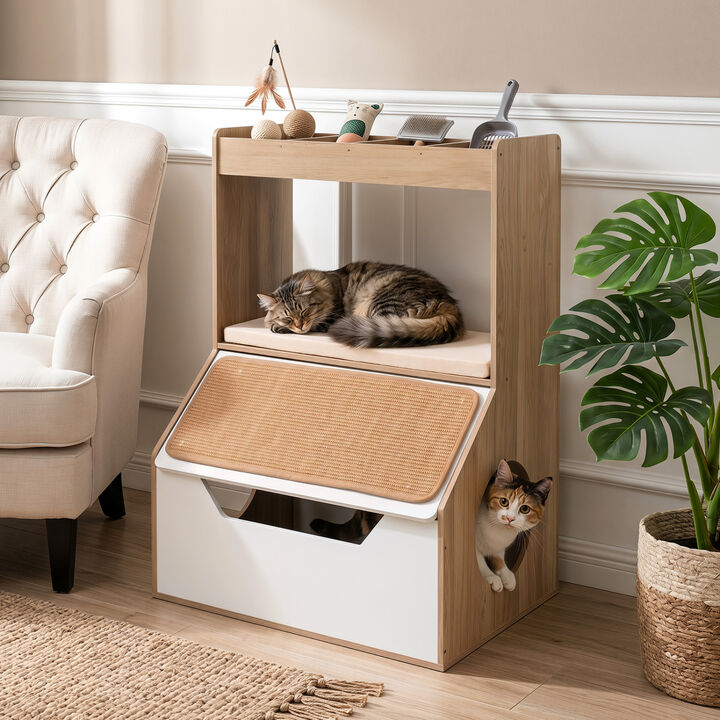 3-in-1 Pet Cat House Cabinet with 4 Cubby Spaces Cushion and Scratch Pad for Home Furniture