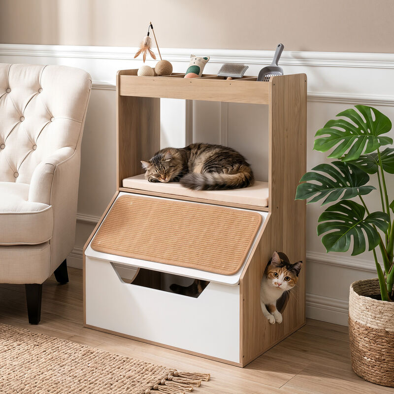 3-in-1 Pet Cat House Cabinet with 4 Cubby Spaces Cushion and Scratch Pad for Home Furniture image number 1